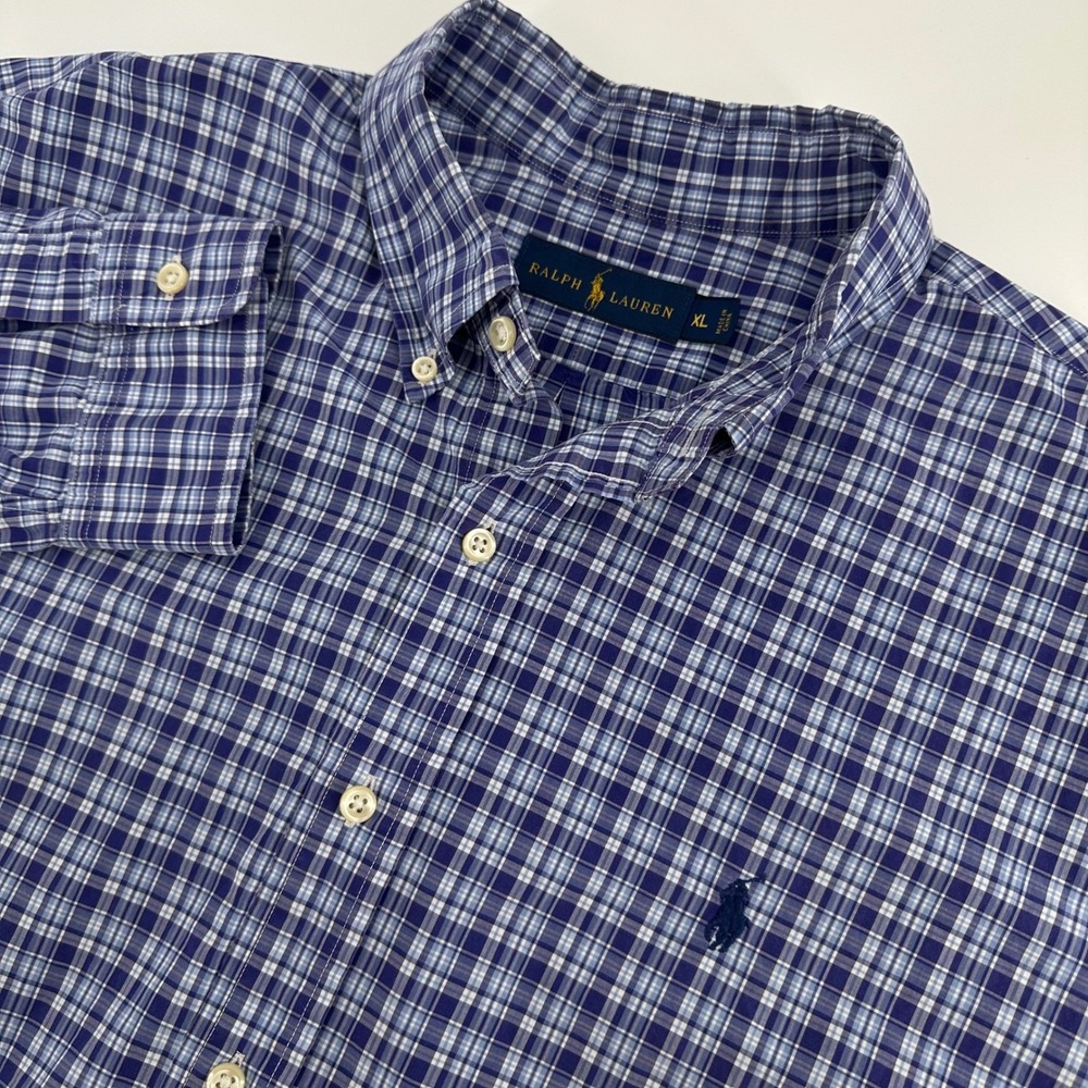 Ralph Lauren Men's Button Down Shirt XL Blue Plaid Long Sleeve Cotton